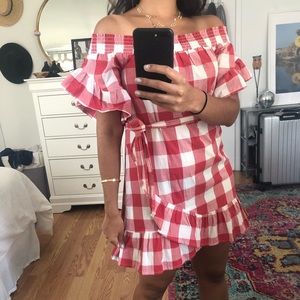 ASOS red and white gingham off the shoulder dress